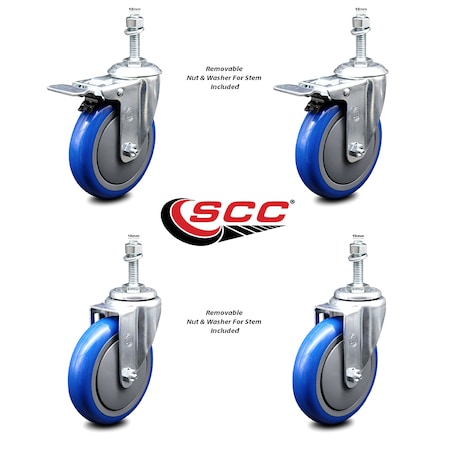 Service Caster 5 Inch Blue Polyurethane Swivel 10mm Stem Caster Total Lock Brake SCC, 2PK SCC-TSTTL20S514-PPUB-BLUE-M1015-2-S2